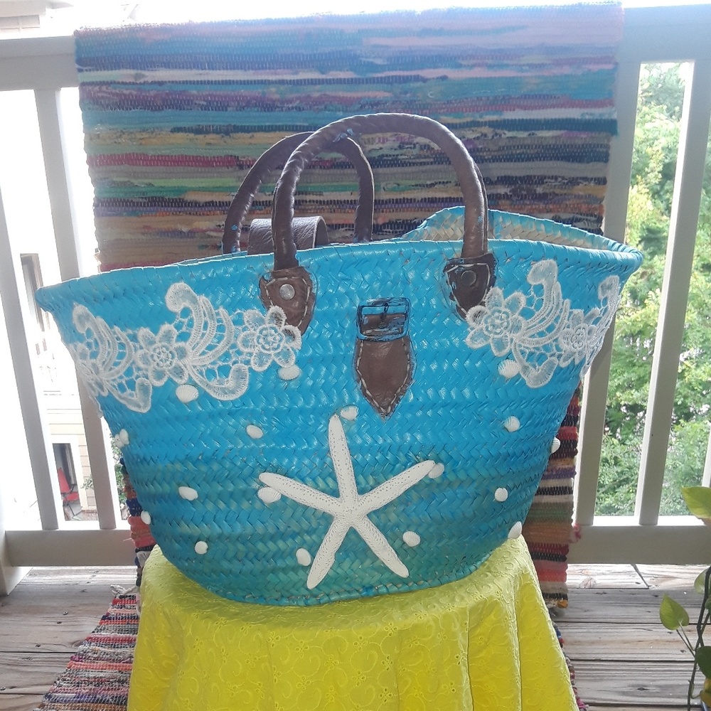 Natural straw/leather beach/summer tote